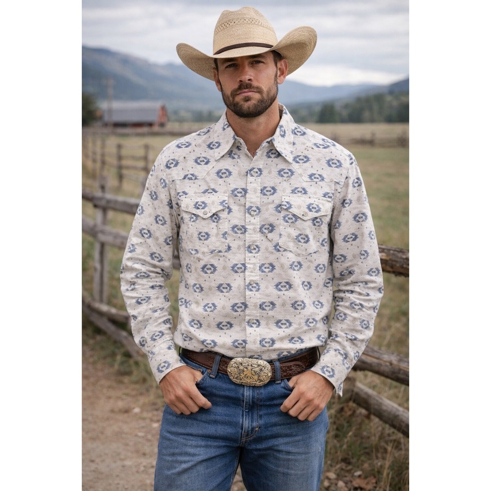 ELY CATTLEMAN Men's XXL White/Blue Aztec Southwest Pearl-Snap Western Shirt